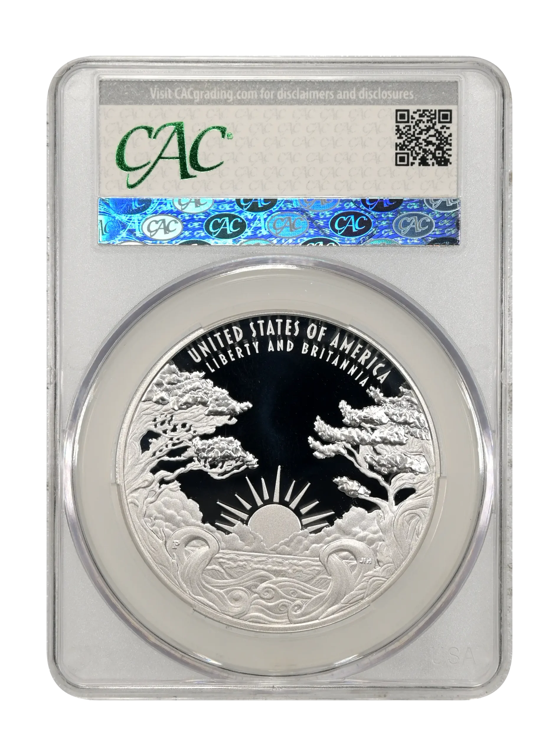 The reverse slab shot of a 2024-P Liberty and Britannia silver medal, graded a proof 70 deep cameo, by CACG.