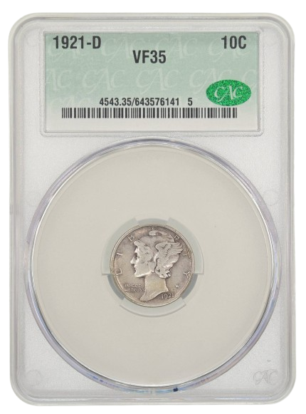 The obverse slab shot of a 1921-D Mercury dime, graded a very fine 35 by CACG.
