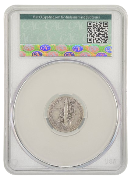 The reverse slab shot of a 1921-D Mercury dime, graded a very fine 35 by CACG.