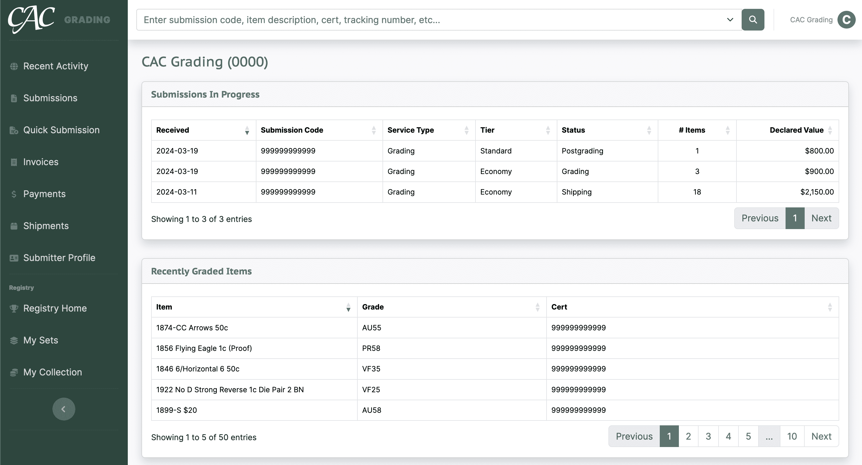 CAC Grading Portal Screenshot
