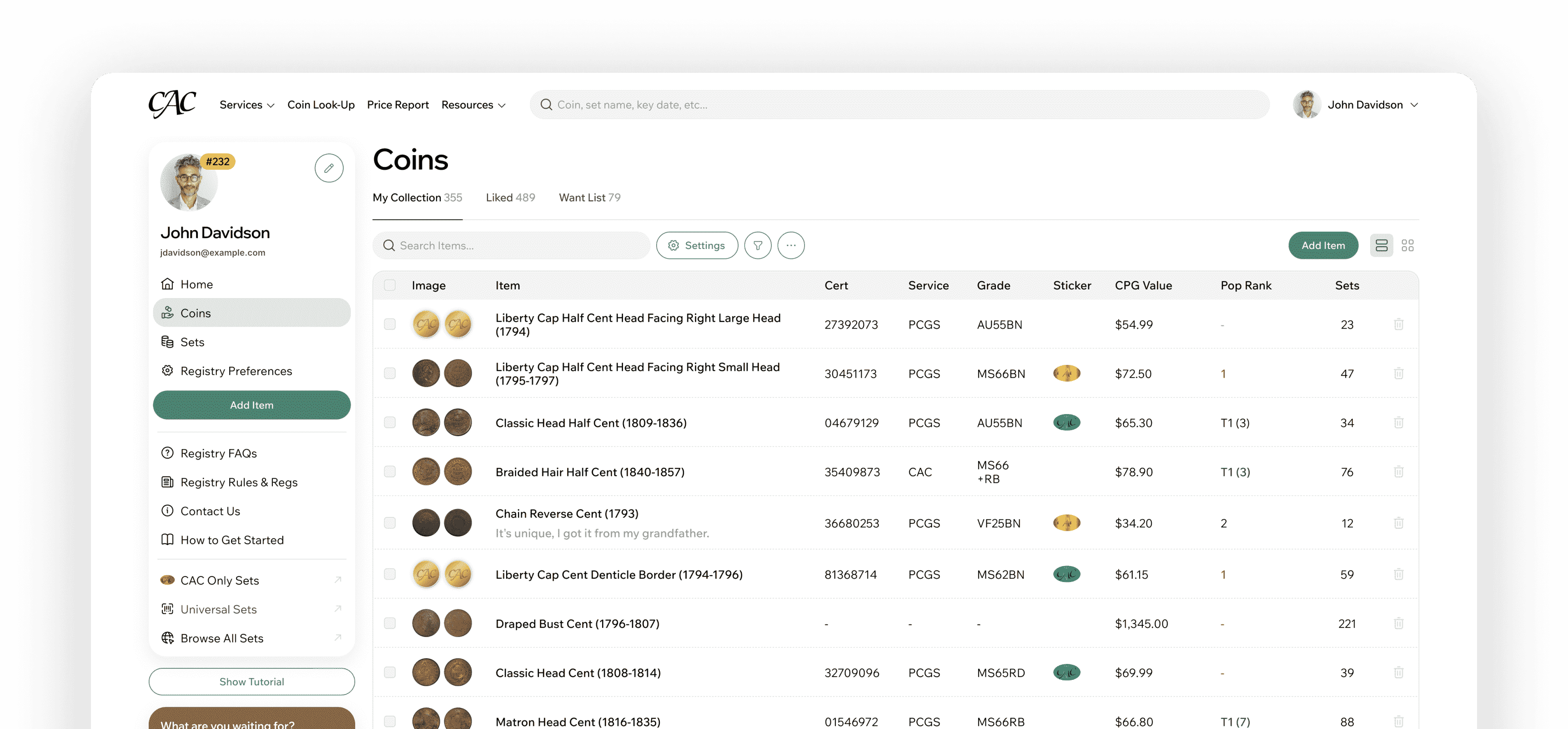 CAC Registry collection management screen